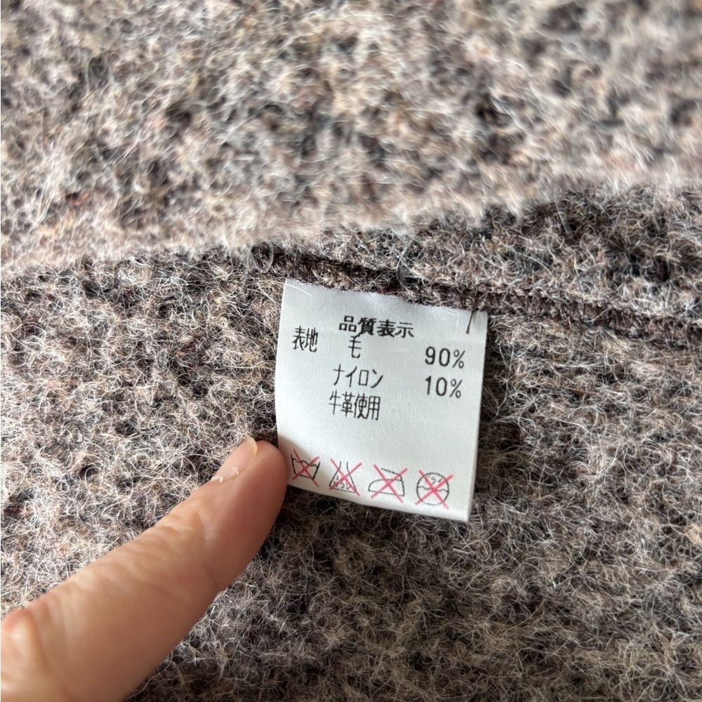 Vintage Made In Japan Women's Brown Wool Leather Trim Coat L - Picture 9 of 9